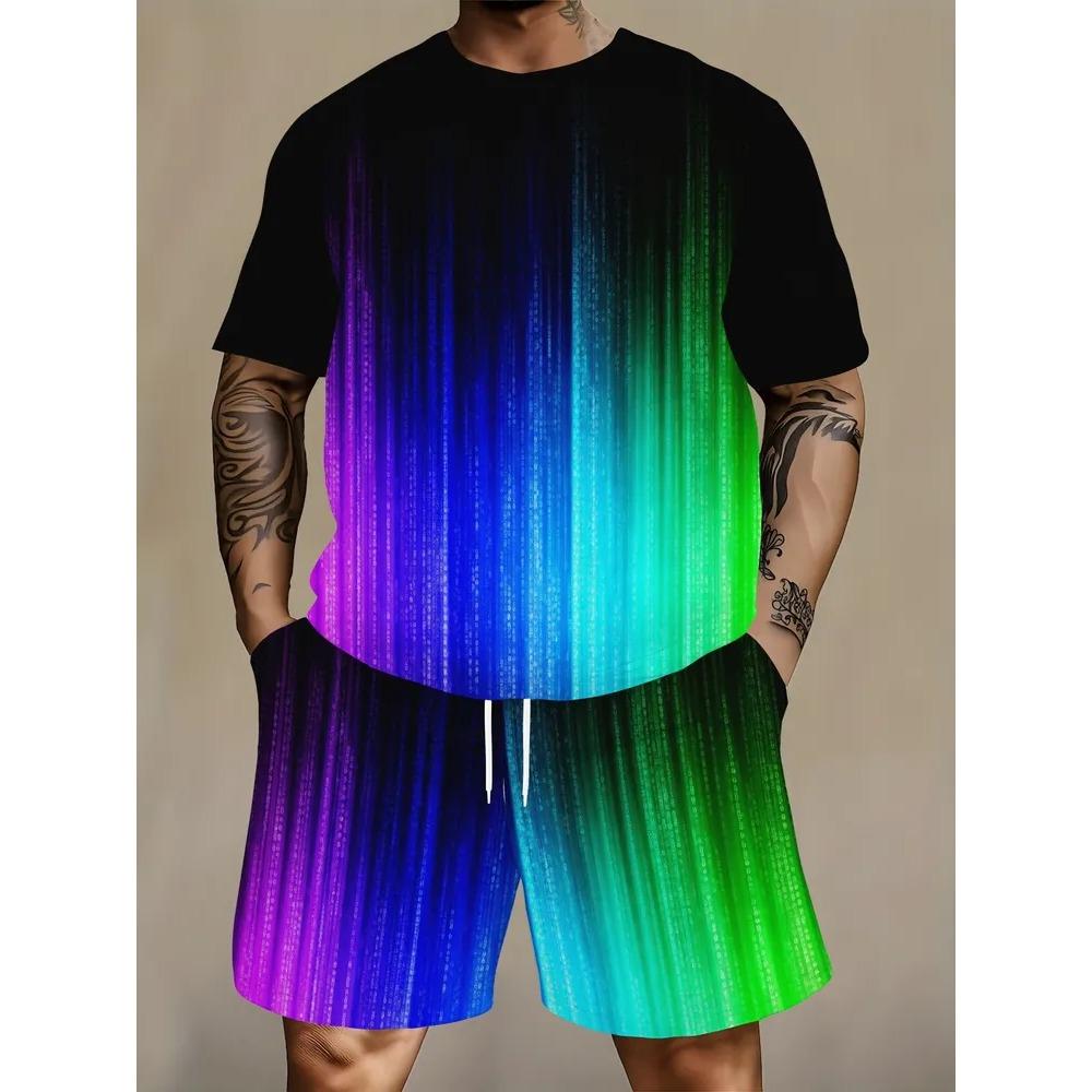 Summer Men's Fun Colorful Creativity 3D Printing Casual Sports Round Neck Short Sleeved Set Fashionable Comfortable Breathable Large Size Sports Wear
