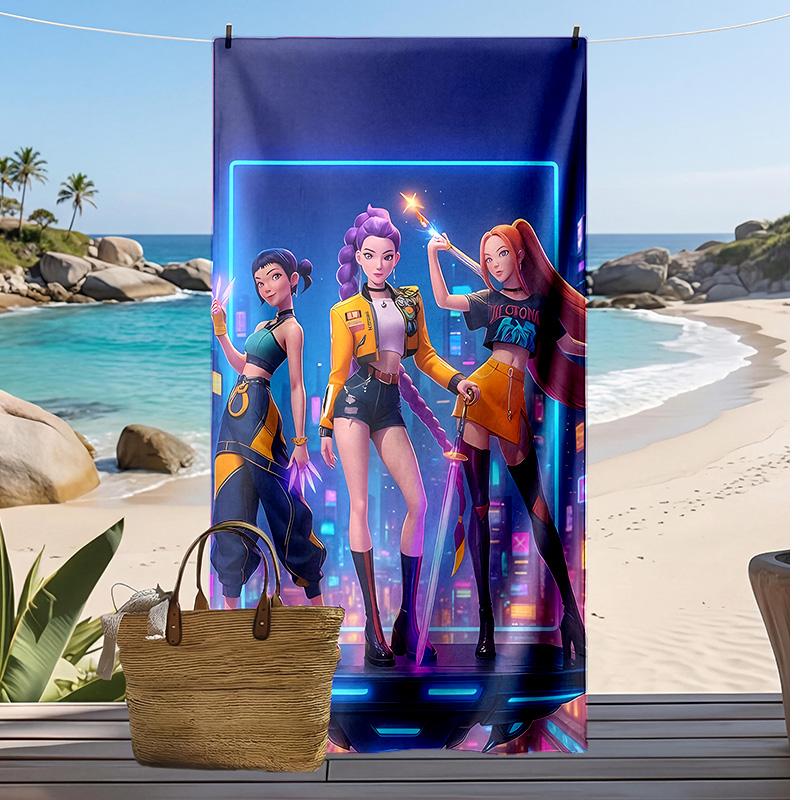 Kpop Demon Hunters Printed Beach Towel, Large Absorbent Quick Dry Towel for Summer Outdoor Swimming