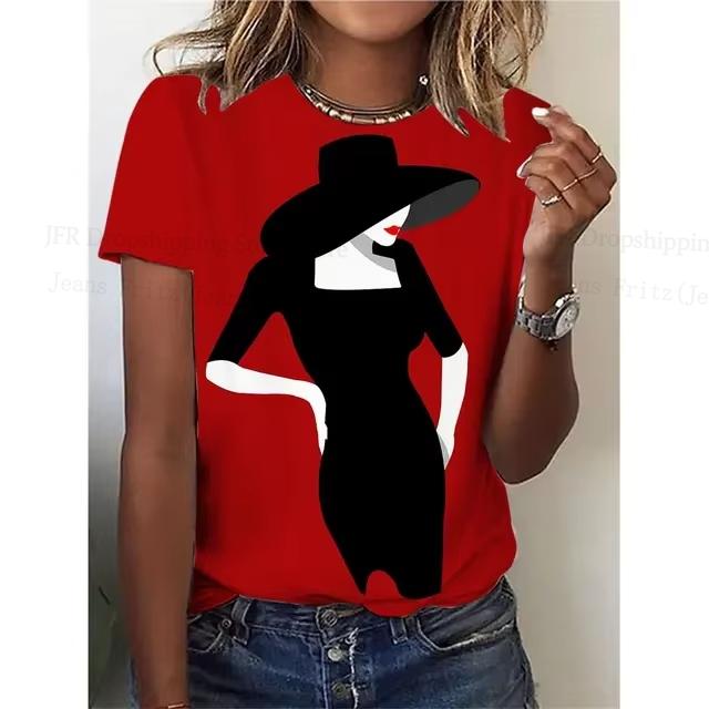 Summer Round Neck 3D Lady Face Graphic Print Top Fashionable Casual Short Sleeved Women's T-shirts