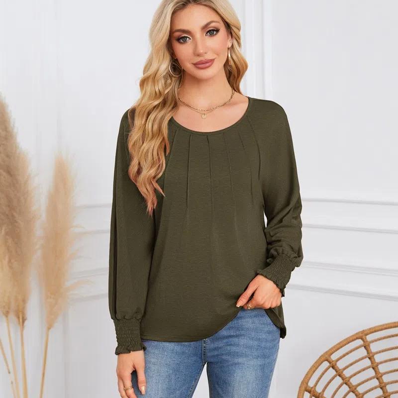 2026 New Women's Pleated Long Sleeve T-Shirt, Round Neck Casual Solid Color Blouse for Autumn Winter