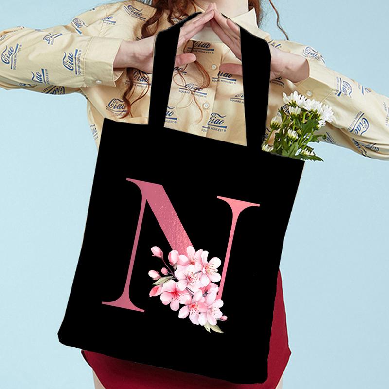 Pink Sakura Handbags Women Eco Reusable Tote Bag Cherry Blossom College Canvas Bag Vintage Sakura Alphabet Ladies Shoulder Bag