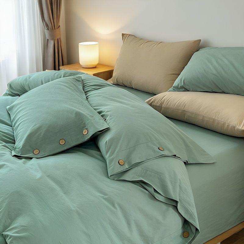 Retro Japanese Style Washable Cotton Bedding Set - Plain Stripe, Button Design, 3-Piece