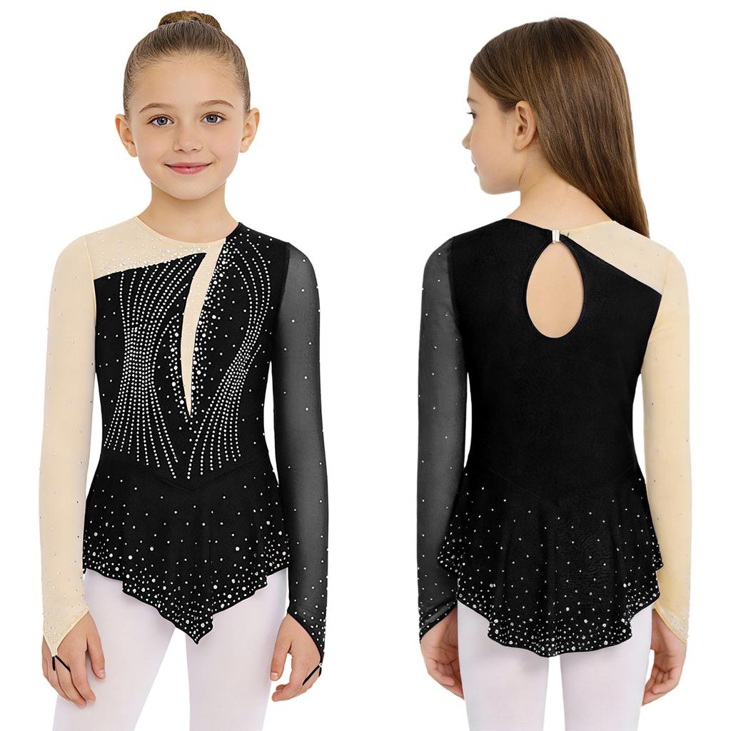 Girls Figure Skating Dance Dress: Long Sleeves Finger Holes Keyhole Back Mesh Patchwork Shiny Rhinestones Asymmetrical Hem