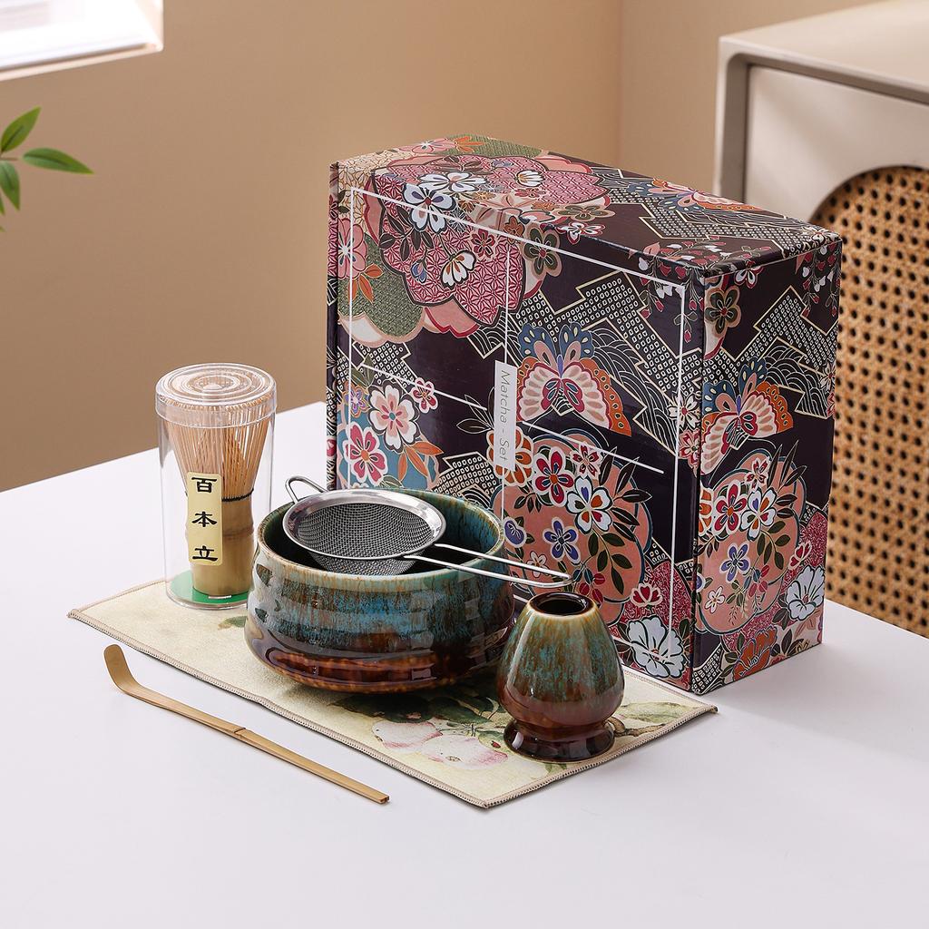 Japanese Matcha Tea Set Ceramic Chawan Bowl Whisk Holder Scoop Spoon Sieve Gift Traditional Tea Ceremony Kit for Home Restaurant