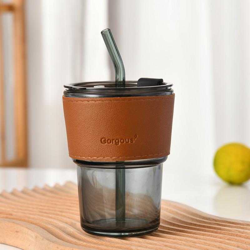 450ml Coffee Glasses Heat Resistant Leather Cover Glass Mug Water Cup Tea Wine Drinkware Glasses Tumbler With Lids Straw