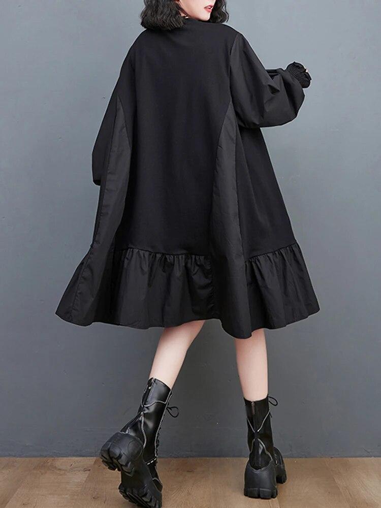 Xitao Schwarzes lässiges Patchwork-Kleid, lockere Mode für Damen LYD1042