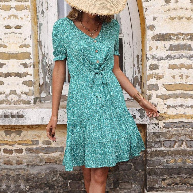 Chic Floral Printed Summer Dress High Waist Slim Fit V Neck Short Sleeve A Line Green Sizes S XXL