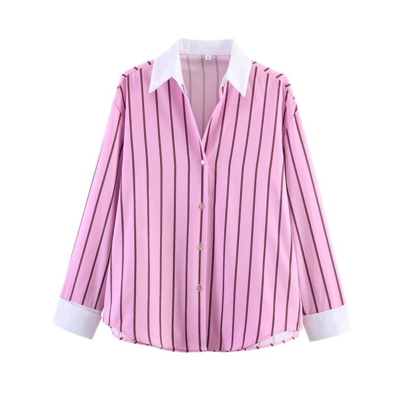 Womens Striped Collar Shirt Loose Long Sleeve Casual Top Streetwear Style Fall