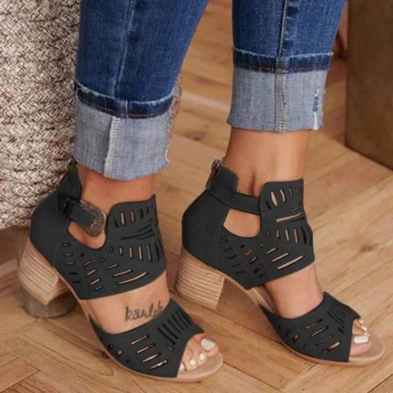 Sandalias de Verano para Mujer Zapatos Retro Cuero Mate Boca de Pez Hebilla de Cinturón Hueca Zapato Casual Tacón Alto Grueso Sandalias Talla 43