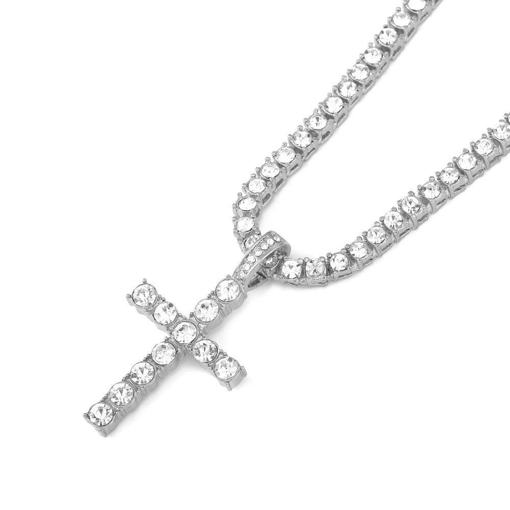 Mens Cross Pendant Necklace 4mm Full Diamond Tennis Chain Stylish Hip Hop Jewelry Gift for Him