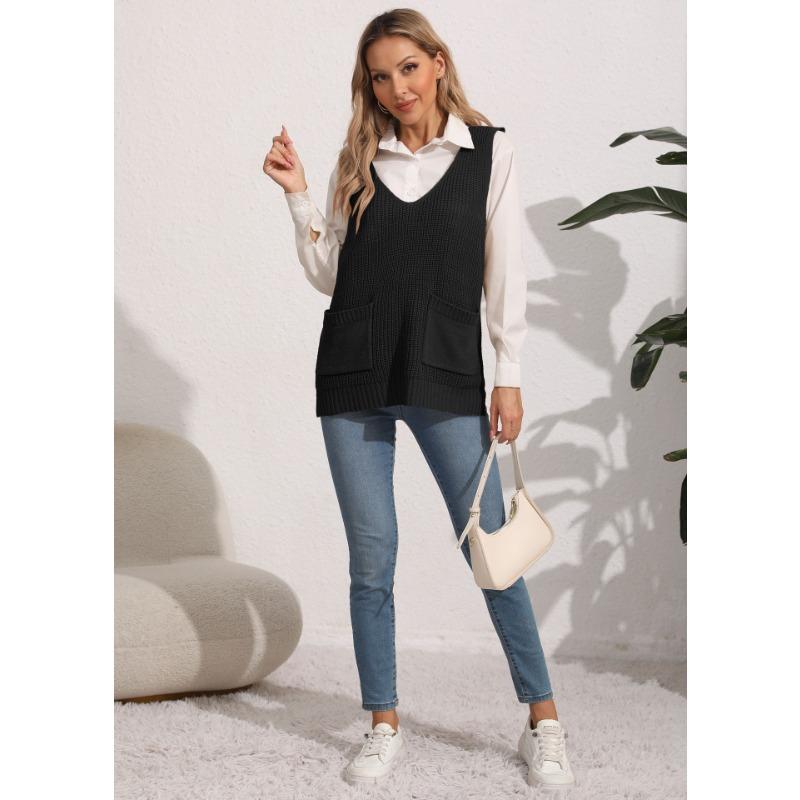 Women's Autumn and Winter Double Pocket Patchwork V-Neck Casual Sweater Vest