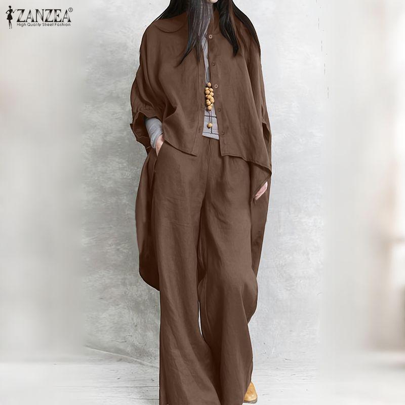ZANZEA Women Long Sleeve Long Blouse and Pants Casual Two Piece Suit Sets