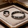 S Black Jewelry Set, Emerald Cut CZ Silicone Ring + Black Crystal Link Bracelet, Gothic Hip Hop Statement Jewelry for Men/Wom