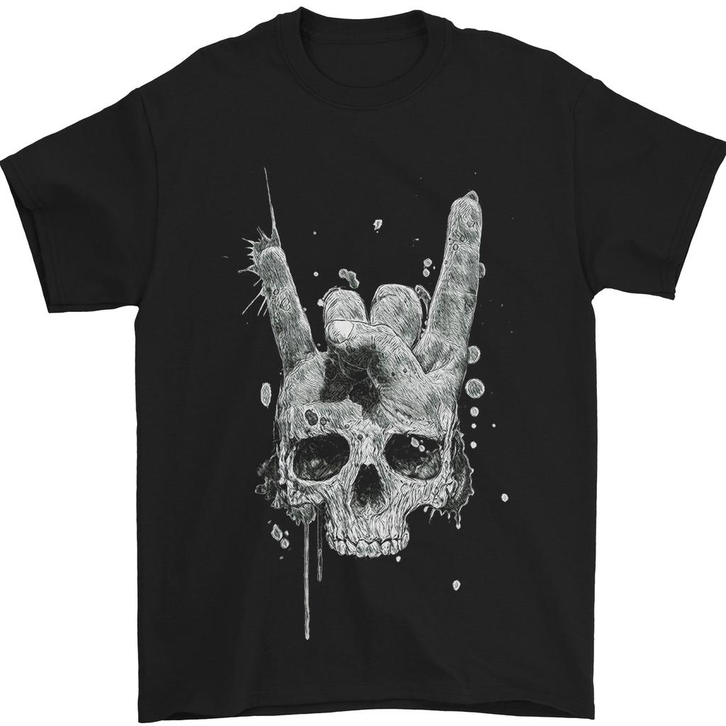 Rock N Roll Music Salute Skull Biker Gothic Mens T-shirt Cotton