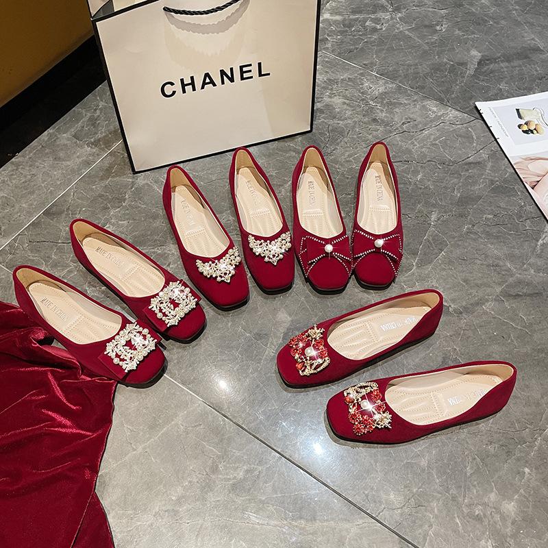 Xiuhe Red Non-slip Two-wear Bridal Shoes, Wedding Shoes, Women's Flat-bottomed Fashion Women's Shoes, Shallow-mouth Pregnant Women's Single Shoes, We