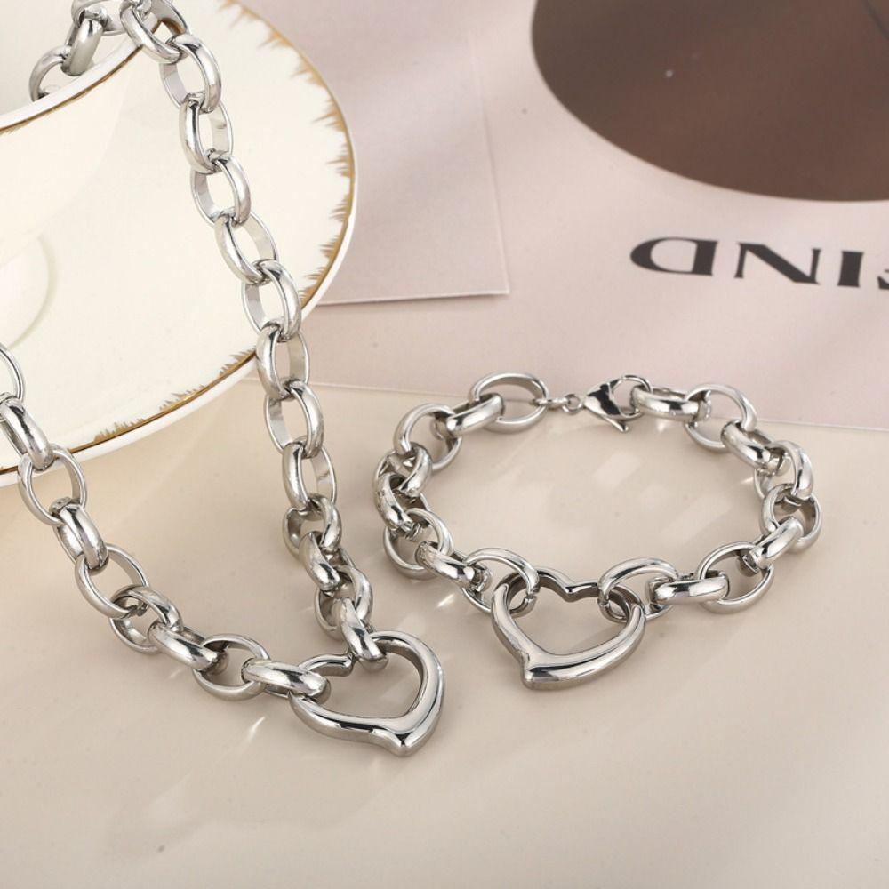 Stainless Steel Heart Necklace Polished Metal Bracelet Bangle Chain Bangle Anniversary Gift