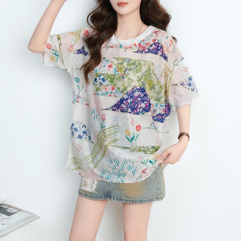 DIMANAF 2026 Plus Size Summer Beach Women T-Shirts Casual Lady Tops Tees Shirt Oversize Loose Floral Print Tunic Knitted