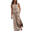 Fashion Womens Solid Color Round Neck Sleeveless High Waist Split Dress