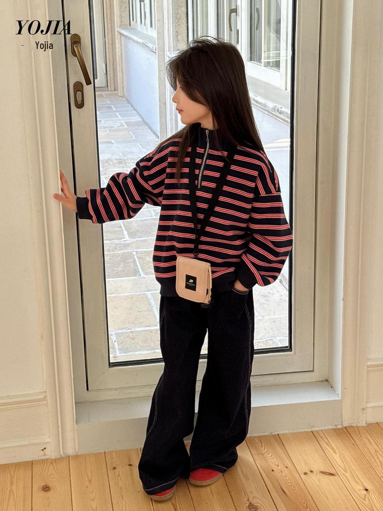 YOJIA 2025 Mädchen Gestreiftes Fleecegefüttertes Sweatshirt für Herbst/Winter