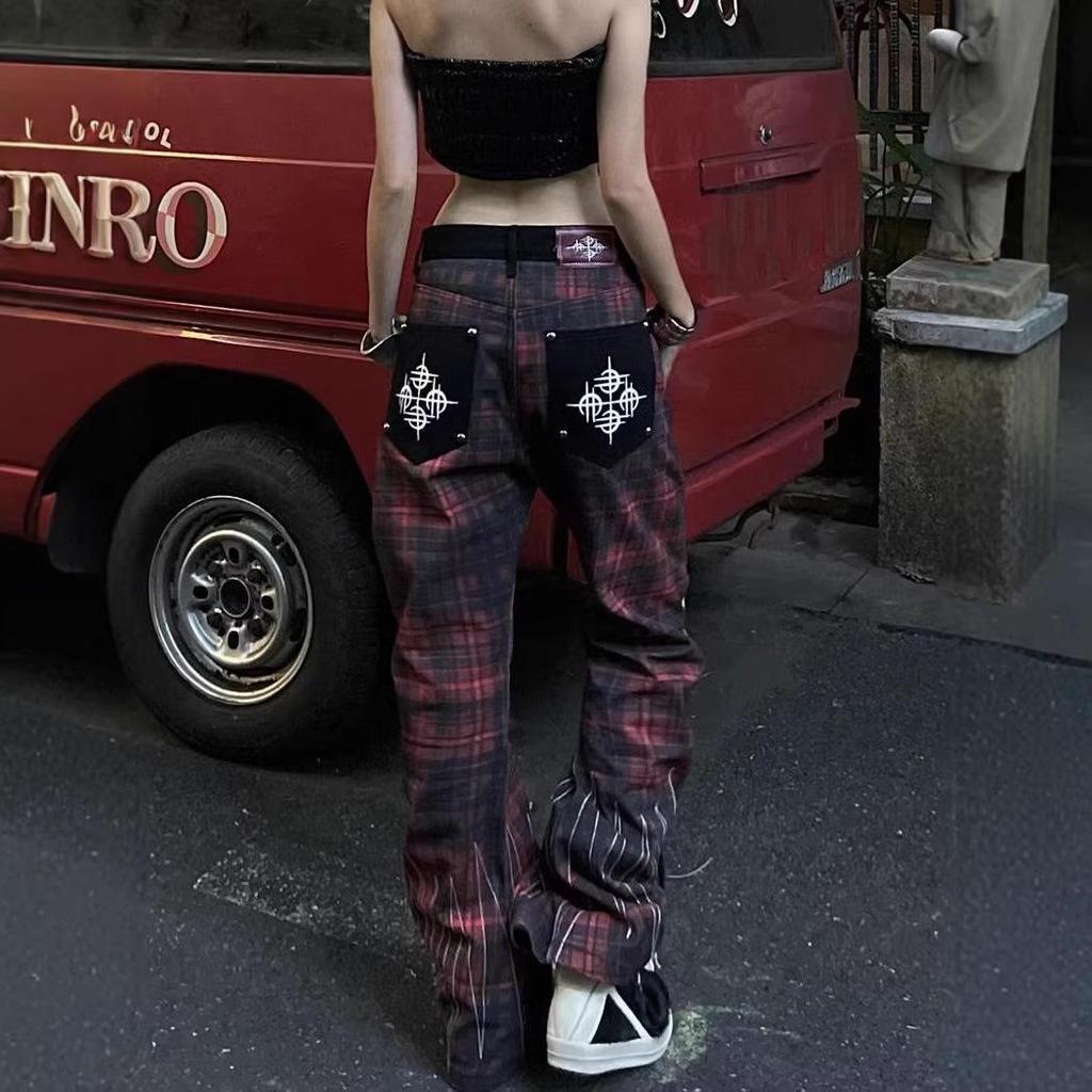 Women's Plus Size Retro Plaid Scalloped Denim Wide Leg Pants