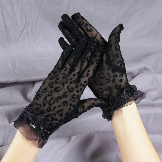 1 Paio Guanti da Sposa Trasparenti in Pizzo Sottile Stampa Leopardo Traforati Decorati Arricciati Vintage Traspiranti Guanti da Ballo per Appuntamenti
