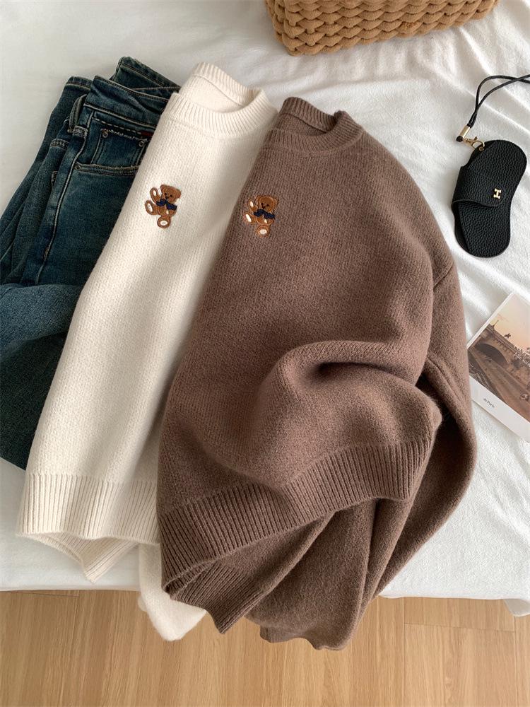 Korean Embroidered Bear Knit Sweater, Soft & Warm for Autumn/Winter
