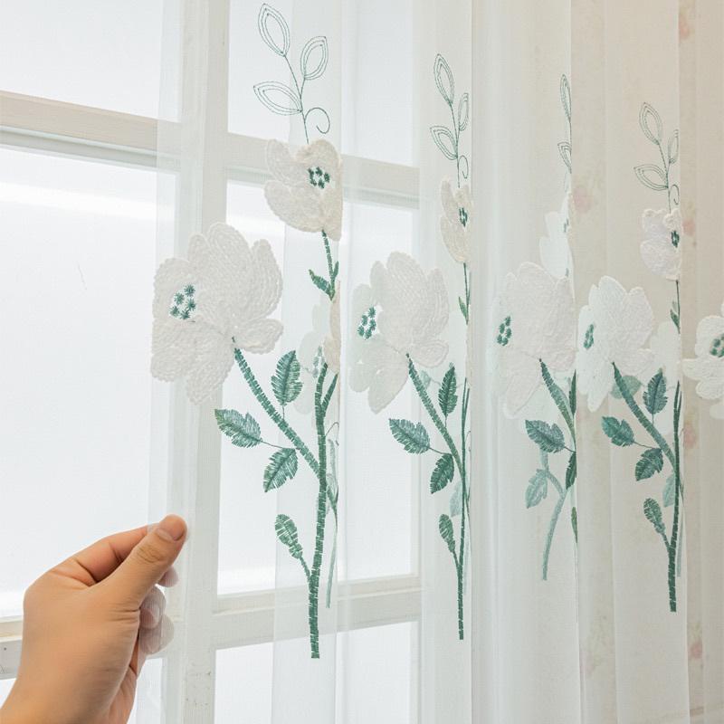 Floral Embroidered Sheer Curtain for Dining Room Living Room Voile Curtain Panel Window Drape for Bedroom Sliding Glass Door Living Room Home Decor