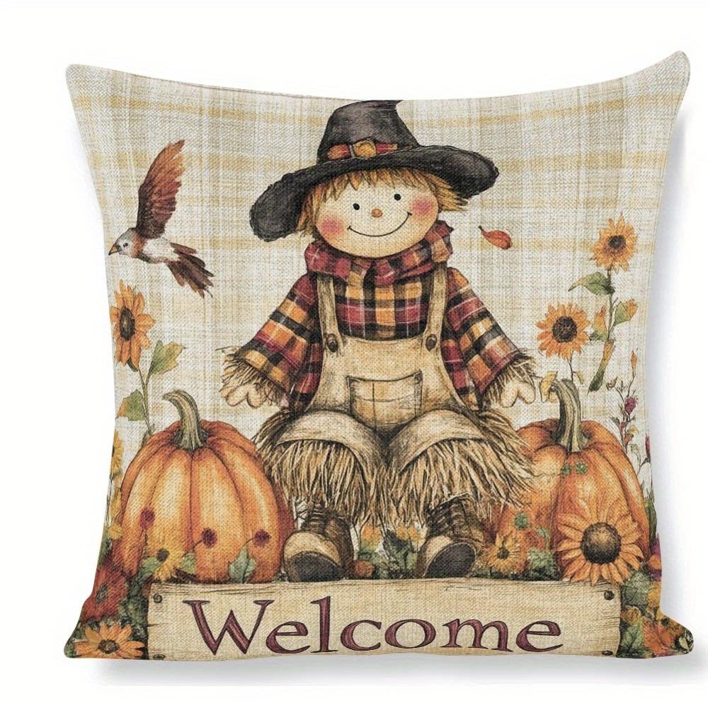 

Home Decor Autumn Scarecrows With Welcome Design Pattern Cushion Cover Suitable For Sofa Bedroom Car Pillow Cover 40x40cm