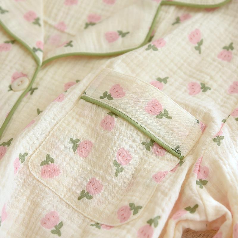 Women's Floral Crepe Pajama Set - Long Sleeve, Turn-Down Collar, Double Layer Gauze, Spring/Autumn Sleepwear
