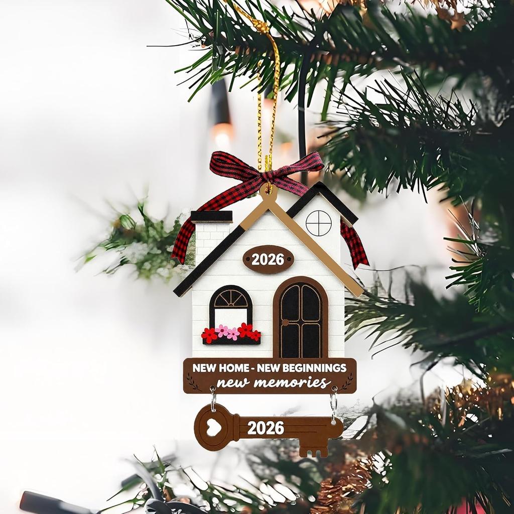 New Home Housewarming Gifts 2026 - Rustic Wood House Ornament with Key Charm & Buffalo Plaid Bow - 3.9" Closing Gift, Present for Homeowners Moving