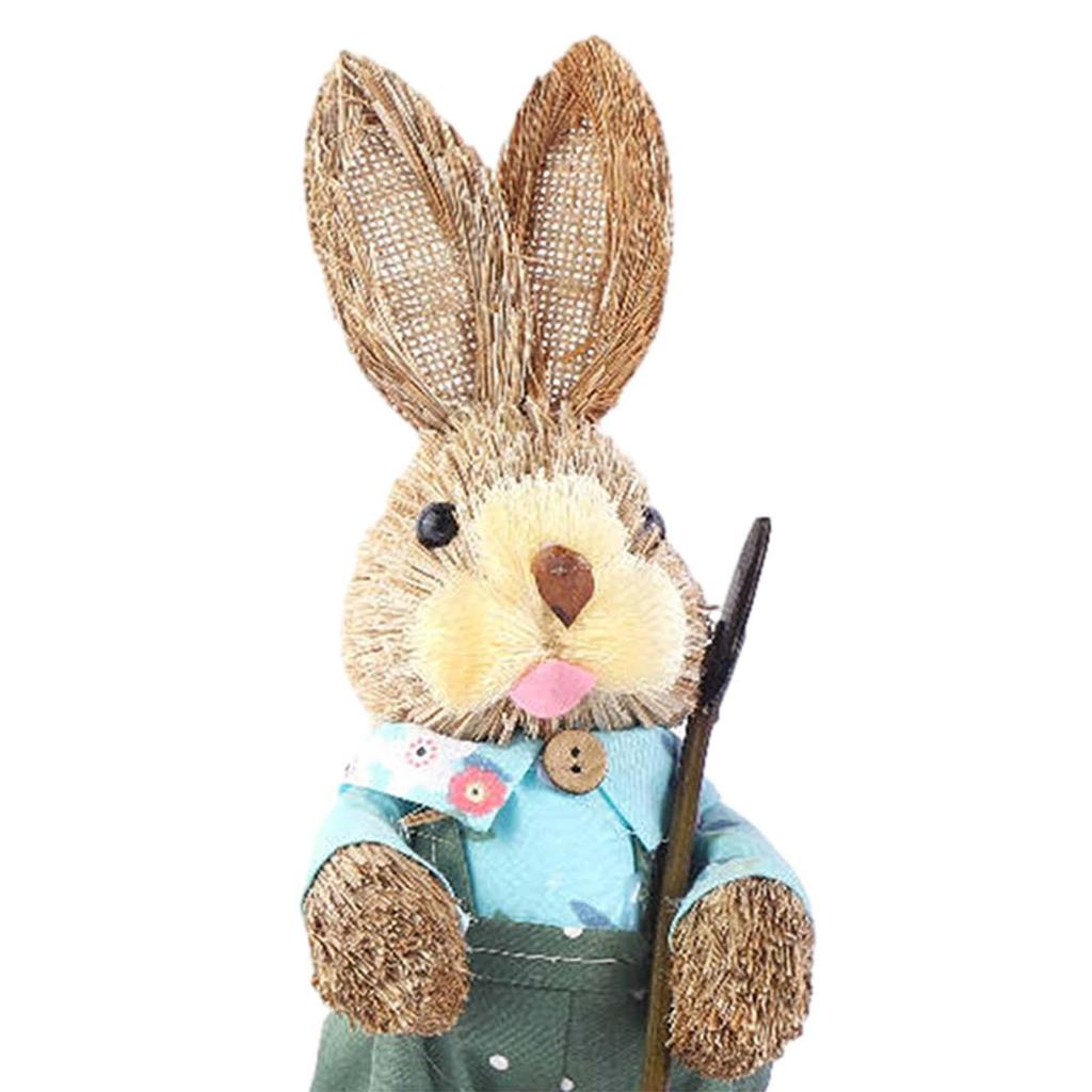 2Pcs Easter Bunny Figurines Easter Decor Cartoon Cute Creative Straw Rabbit Statue for Tabletop Yard Patio Lawn Bookshelf