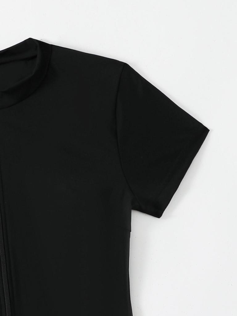 2026 European & American Women's Solid Color Zipper One-Piece Short Sleeve Swimsuit