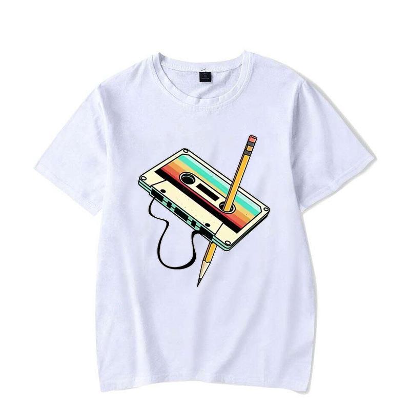 Men Short Sleeve 80s Cassette Tape Pencil 1980s Retro Vintage Throwback Music T-Shirt Women Clothing Vintage T Shirt Camisetas