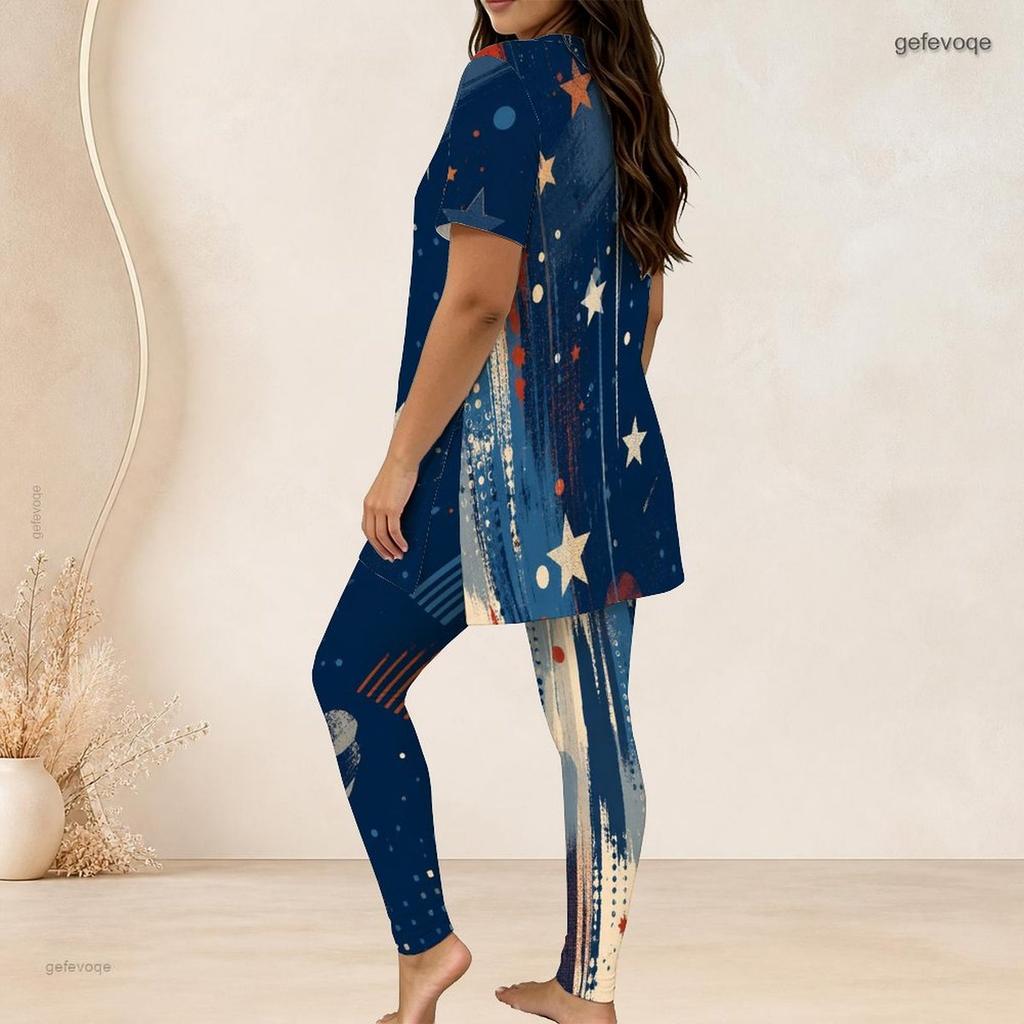 Women Plus Size Round Neck Short Sleeve Red Blue Printed Side Split Top Fitted Pants Two Piece Set