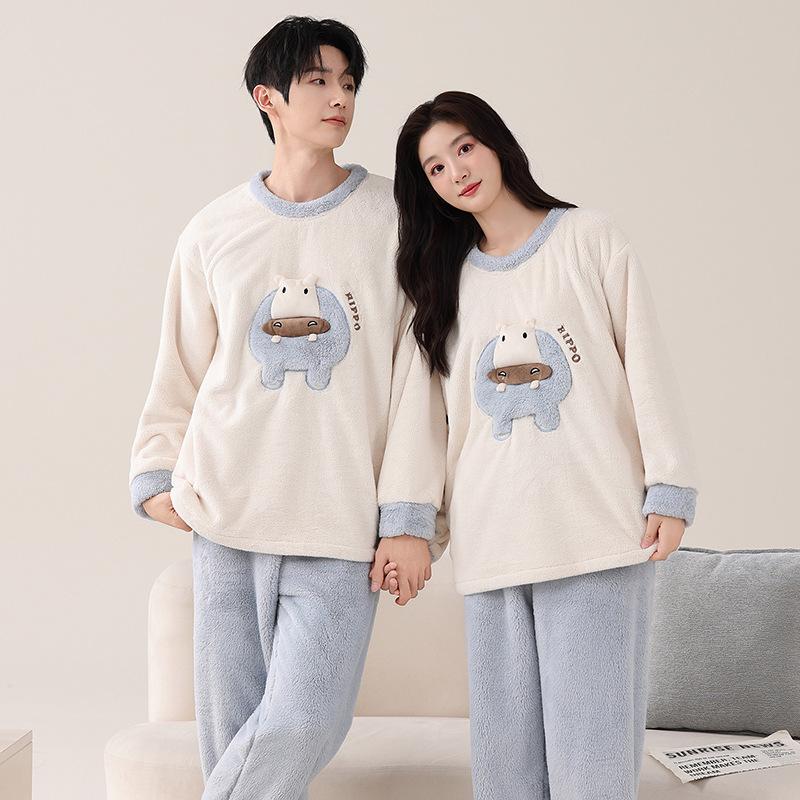 Pijamale de cuplu din fleece Snowflake pentru bărbați și femei, toamnă și iarnă, fleece îngroșat din fleece de corali, set drăguț de îmbrăcăminte de casă caldă cu desene animate