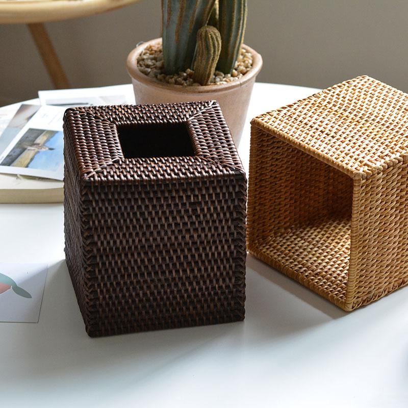 Vintage Rattan Tissue Box Square Creative Handmade Rattan Weaving Paper Box Living Room Desktop Decoration Hotel Room Ornaments