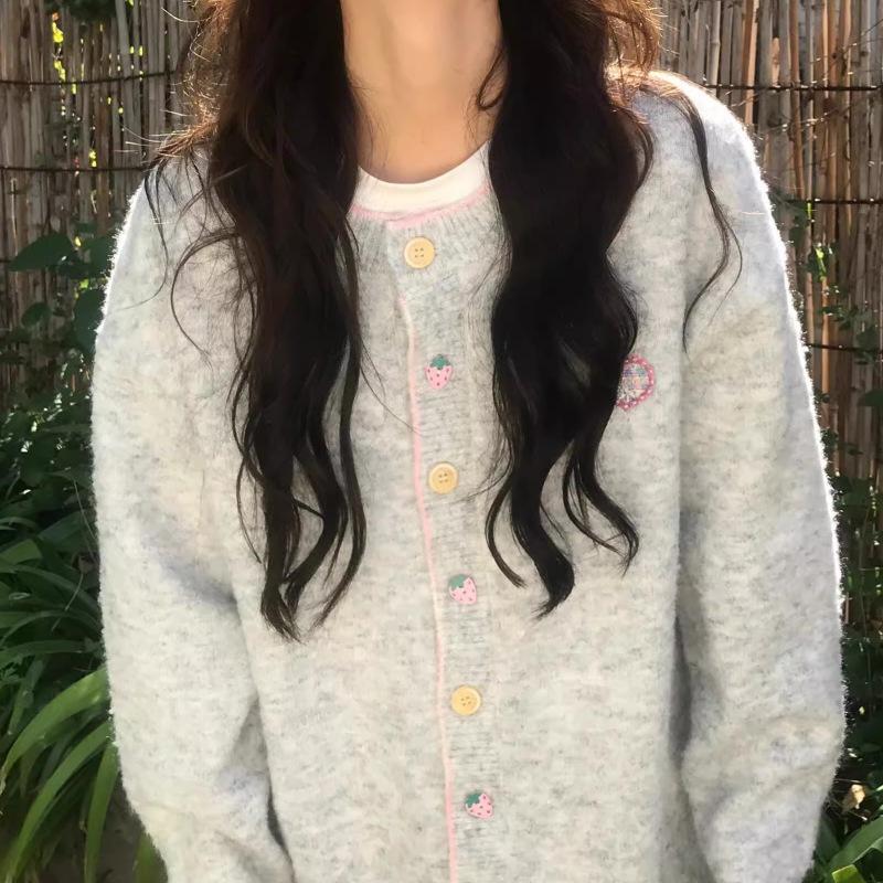 College Style Knitted Cardigan Women's Autumn and Winter New Fun Buttons Lazy Style Soft Waxy Sweater Jacket Loose Top