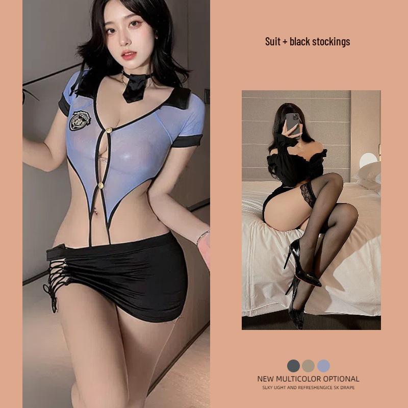 Policewoman Cosplay Lingerie: Sexy V-Neck One-Piece with Hollow Straps and Hip Skirt.