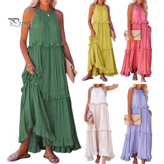 Dámské letní šaty s volánky, halterový výstřih, bez rukávů, volné, jednobarevné, plisované, s odhalenými rameny, patchworkové, dovolenkové, plážové, maxi šaty
