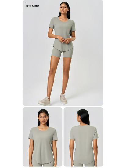 Vår/Sommar 2023 Dam Casual Lös T-shirt för Löpning och Yoga med Bar-Känsla