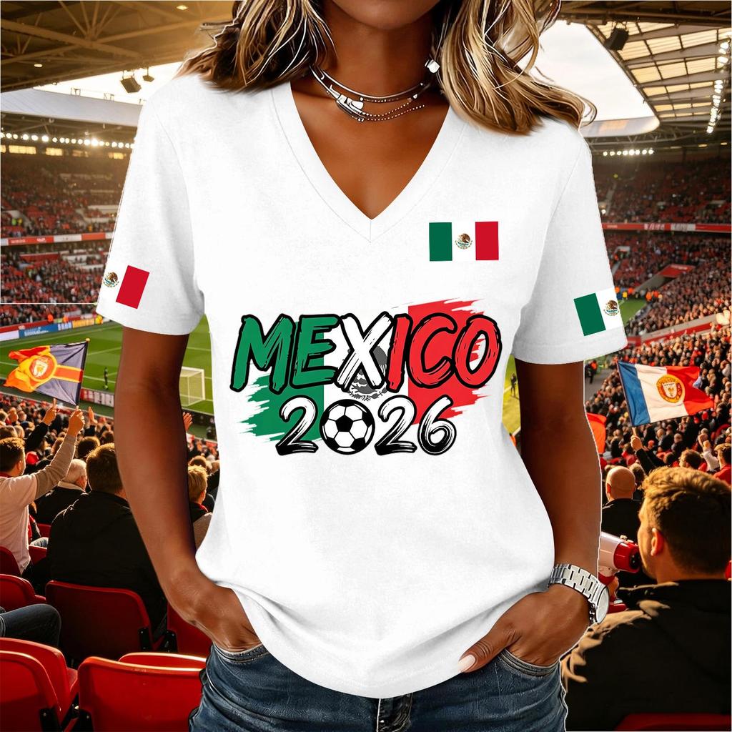 Women's Casual V Neck Pullover Short Sleeve Top Soccer National Flag Print Support Shirt Mexico 2026 Design Lightweight Comfortable Fit