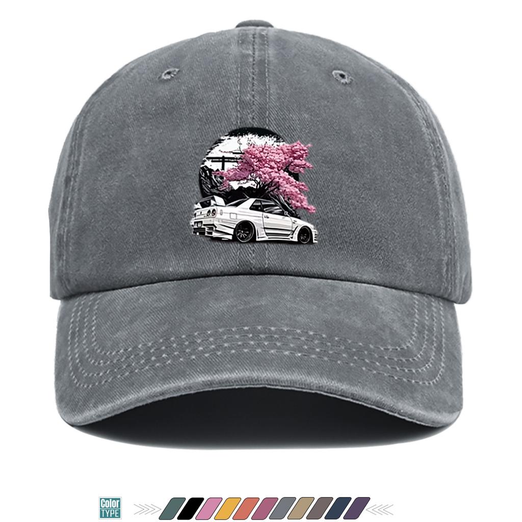 pc Cherry Blossom White Sports Car Print Baseball Cap Adjustable Snapback Hat Suitable for Streetwear Car Culture Road Tr