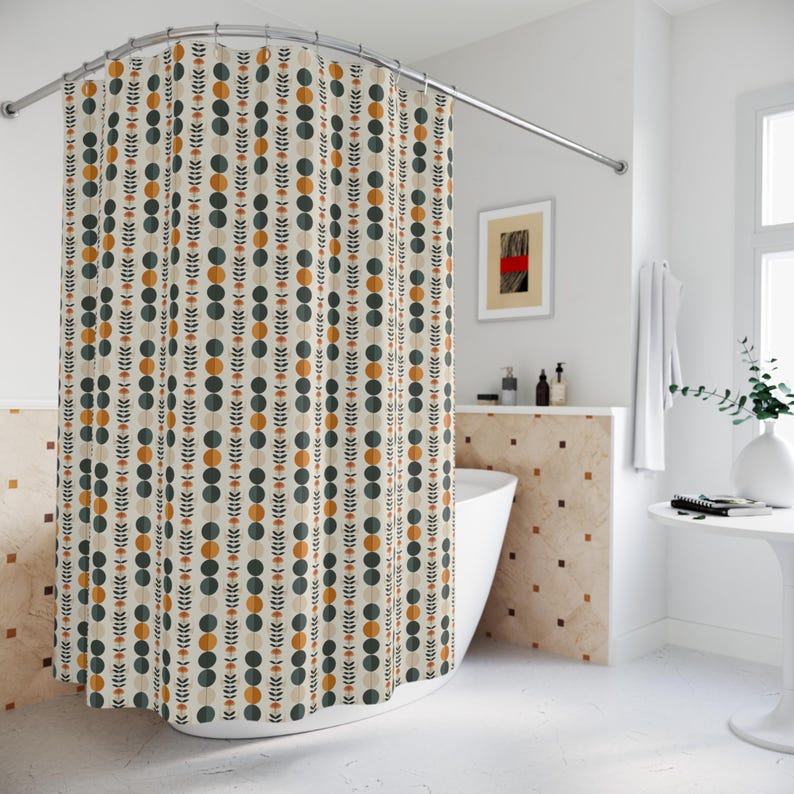 Jessica Chen Geometric Mid Century Retro Pattern Shower Curtain Bathroom Decor Retro Funky Boho Shower Curtain