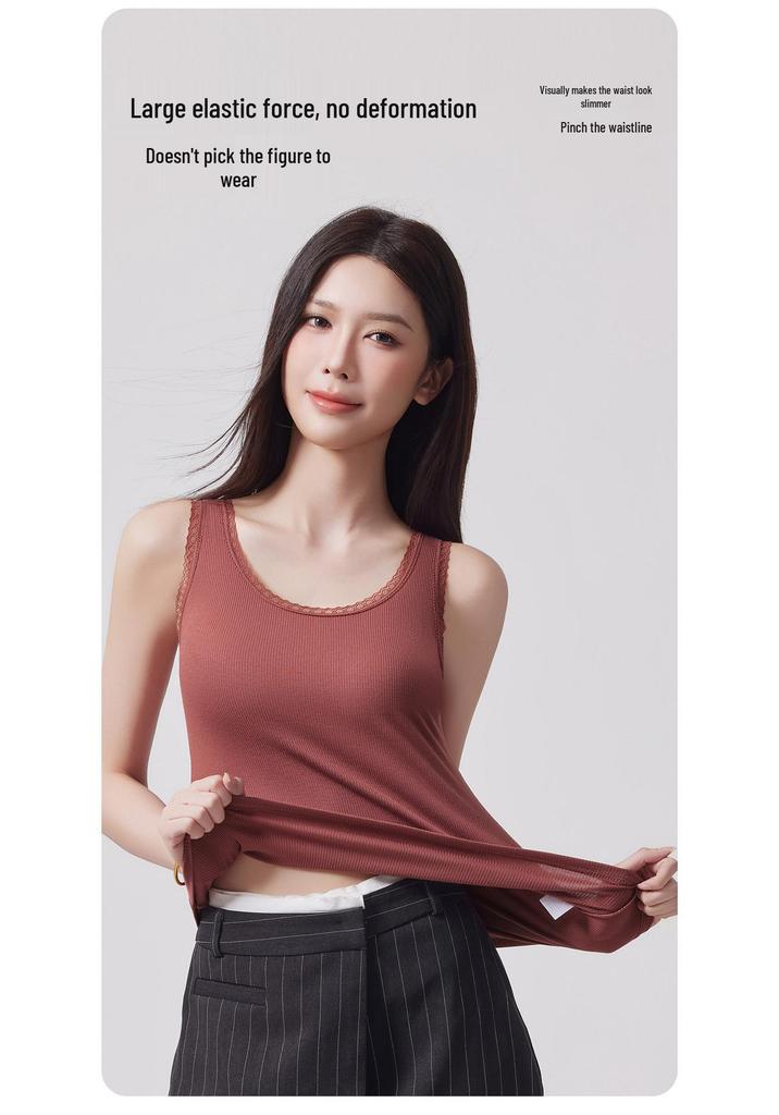 Lace Trim Strappy Tank for Women with Built-in Padding, Fixed Cups; Wear As Outerwear or Base Layer, Wide Shoulder Style.