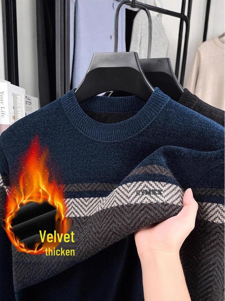Winter Men's Plus Velvet Striped Round Neck Knit Sweater: Thick, Casual, Fashionable Trend.