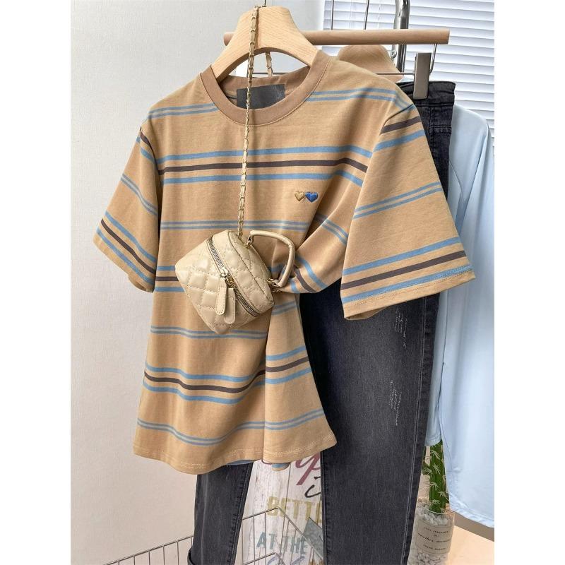 Women's Clothing American Beautiful Contrast Stripe Short Sleeve T-Shirt Summer Loose Casual Versatile Fashion Top
