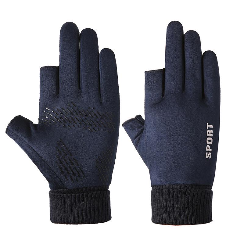 Men's and Women's Winter Touchscreen Gloves: Windproof, Suede, Two-Fingerless Design, Non-Slip, Warm, Female Student-Friendly.
