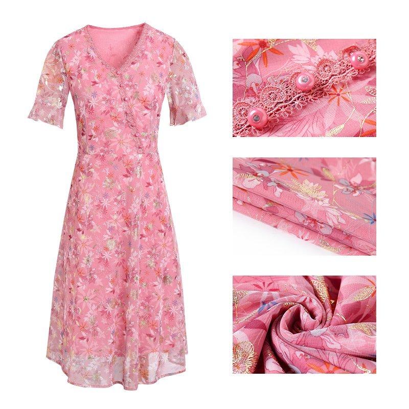 Frauen Sommer Casual Kleid Damen Mittleren Alters Print Kurzarm Plissee Kleider Weibliche Vintage V-Ausschnitt Vestidos
