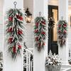 Christmas Teardrop Swag Artificial Flocked Pine Hanging Garland With Red Berries For Xmas Front Door Wall Holiday Decor
