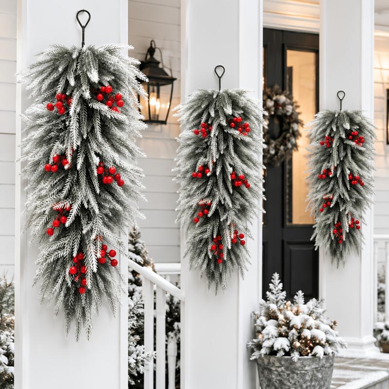 Christmas Teardrop Swag Artificial Flocked Pine Hanging Garland With Red Berries For Xmas Front Door Wall Holiday Decor